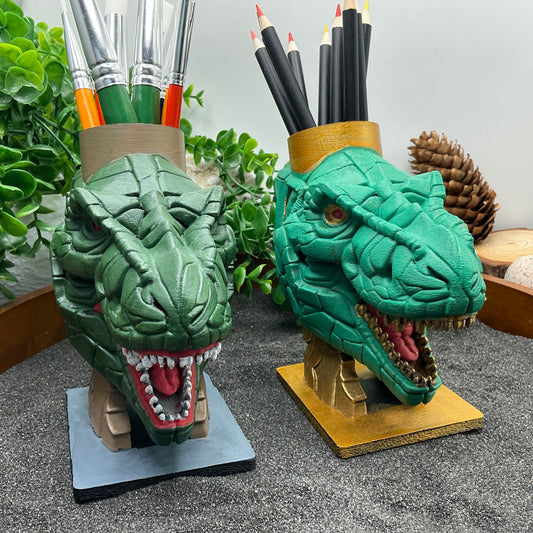 Dinosaur T Rex Pencil & Paintbrushes Pot Holder Hand Painted