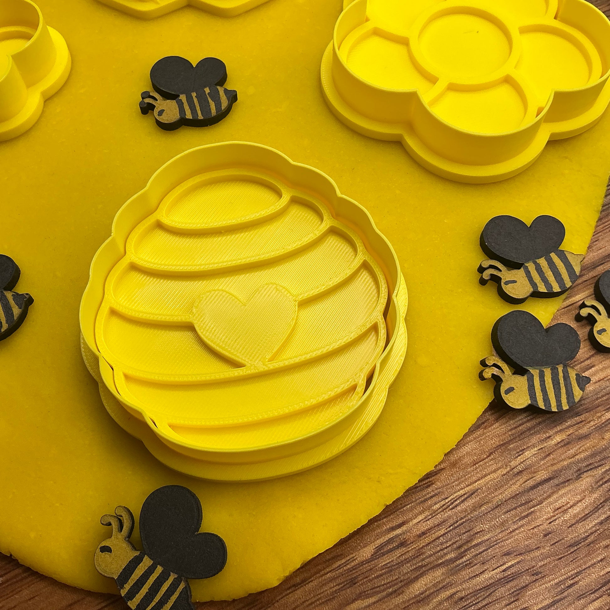 3D-printed bee theme play dough cookie cutter set - 4 piece with bee, beehive, honeycomb and flower - view 4 of 13