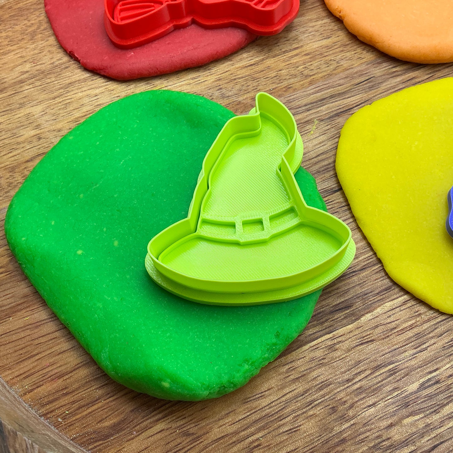 3D-printed witch Halloween play dough cookie cutter set - 4 piece (witch on broom, cauldron, hat and pumpkin) colour set A - view 4 of 13