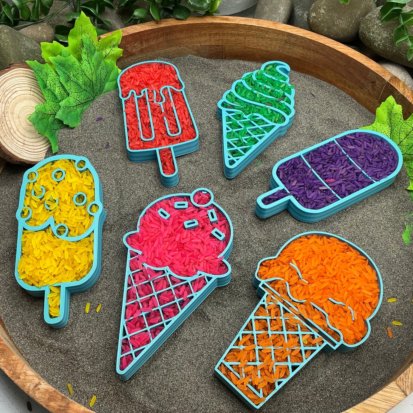 Ice Cream Fill Shapes Sensory Filling Trays Eco-Friendly 3D Printed 6 Piece Set Sand Rice Oat Play Pretend Food Activity