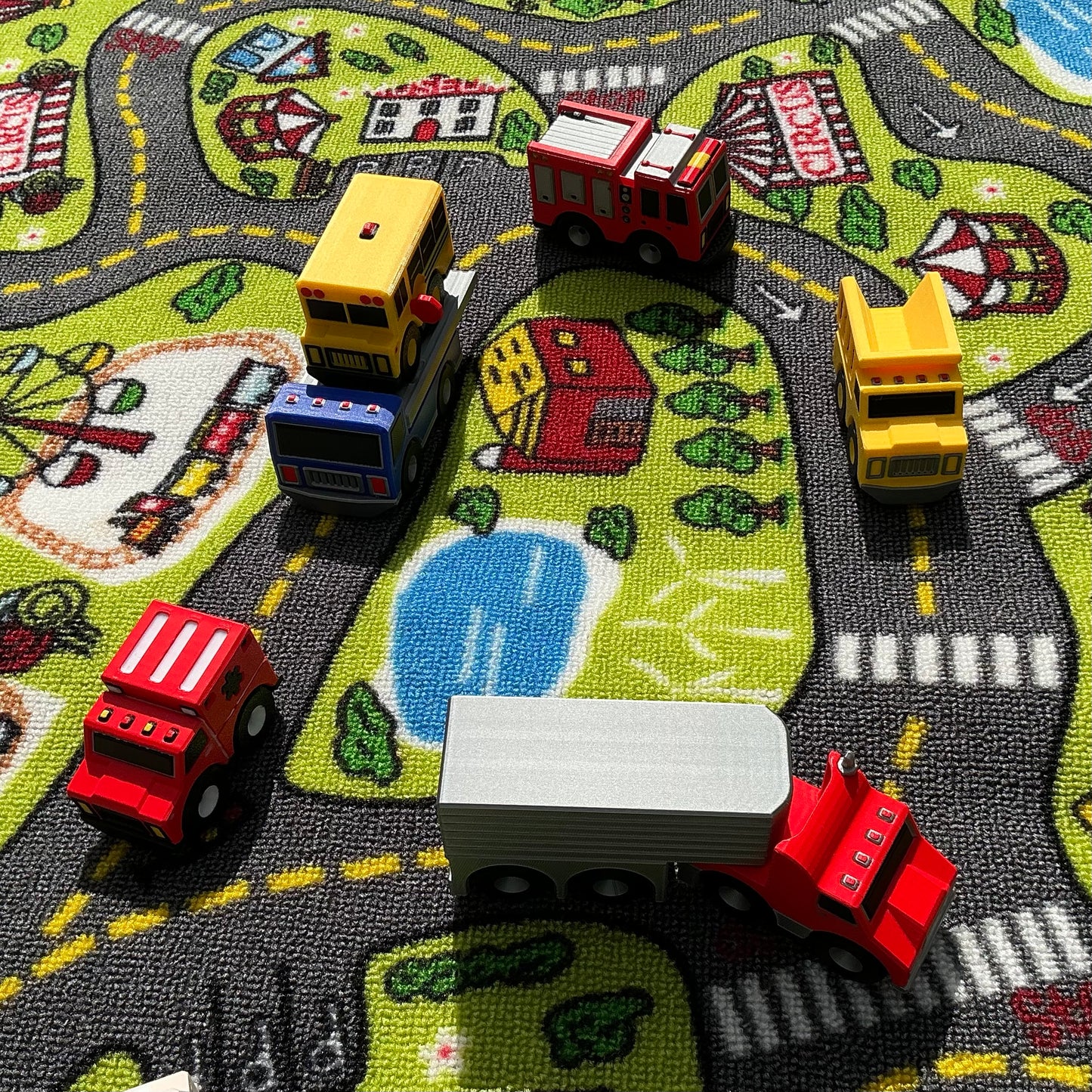 10 piece set Transportation vehicle set multi coloured 3D Printed Vehicle’s Fire Engine, School bus,Police Car