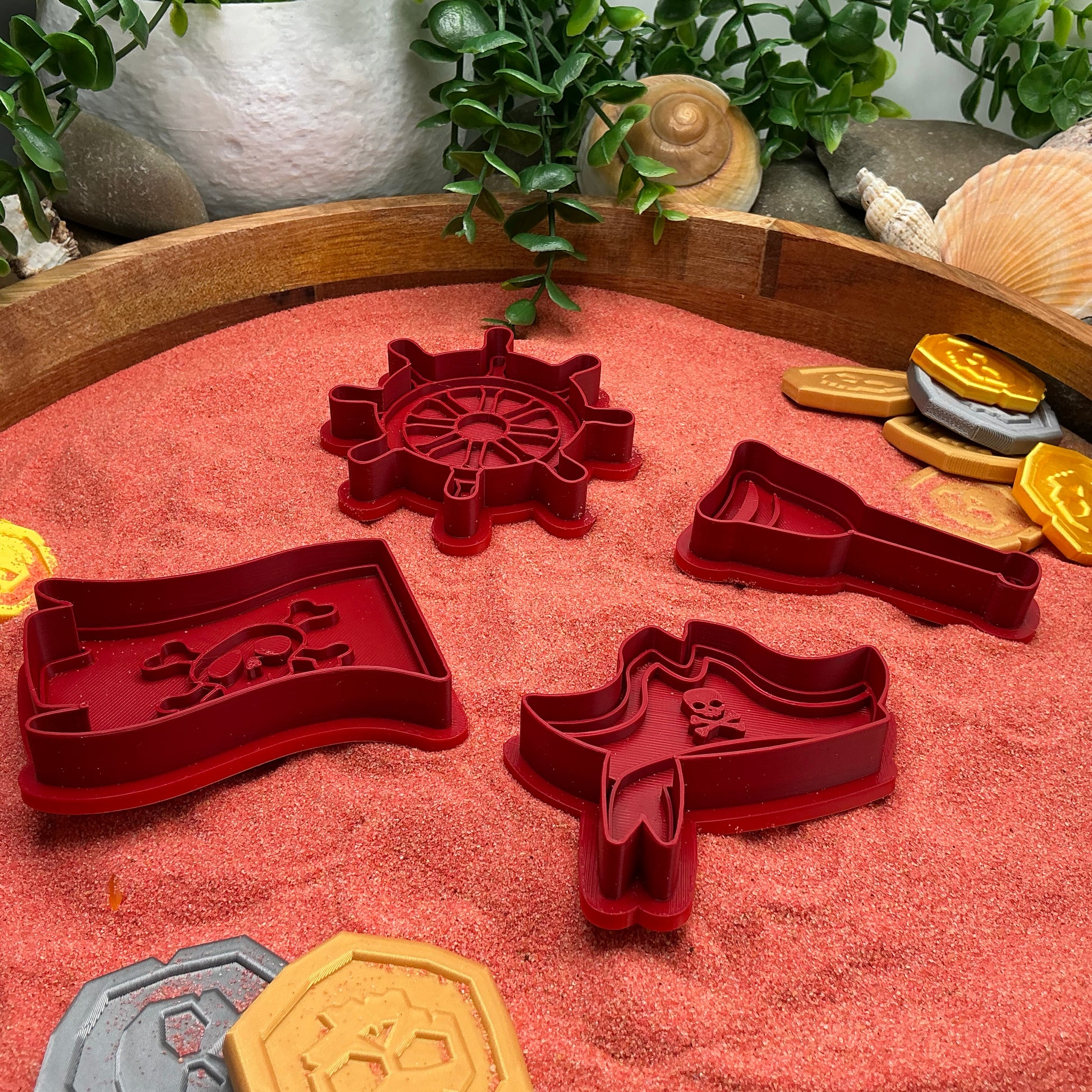 3D-printed pirate play dough cookie cutter set - 4 piece with hat, flag, wheel and spy glass in yellow red or black - view 8 of 14