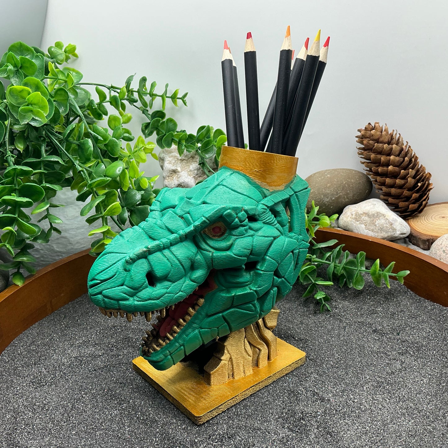 Dinosaur T Rex Pencil & Paintbrushes Pot Holder Hand Painted