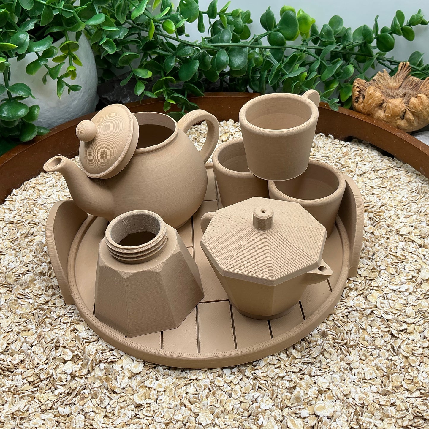 Tea & Coffee Maker Set 6 Piece Set - 3D Printed Teapot , Coffee Pot , Cups & Tray Kitchen Role Play Toy, Eco-Friendly