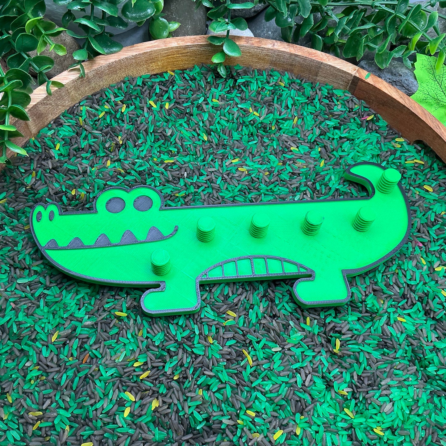 3D-printed crocodile thread peg board sensory toy with screw-on nuts - fine motor and pre-writing skill builder - view 4 of 5