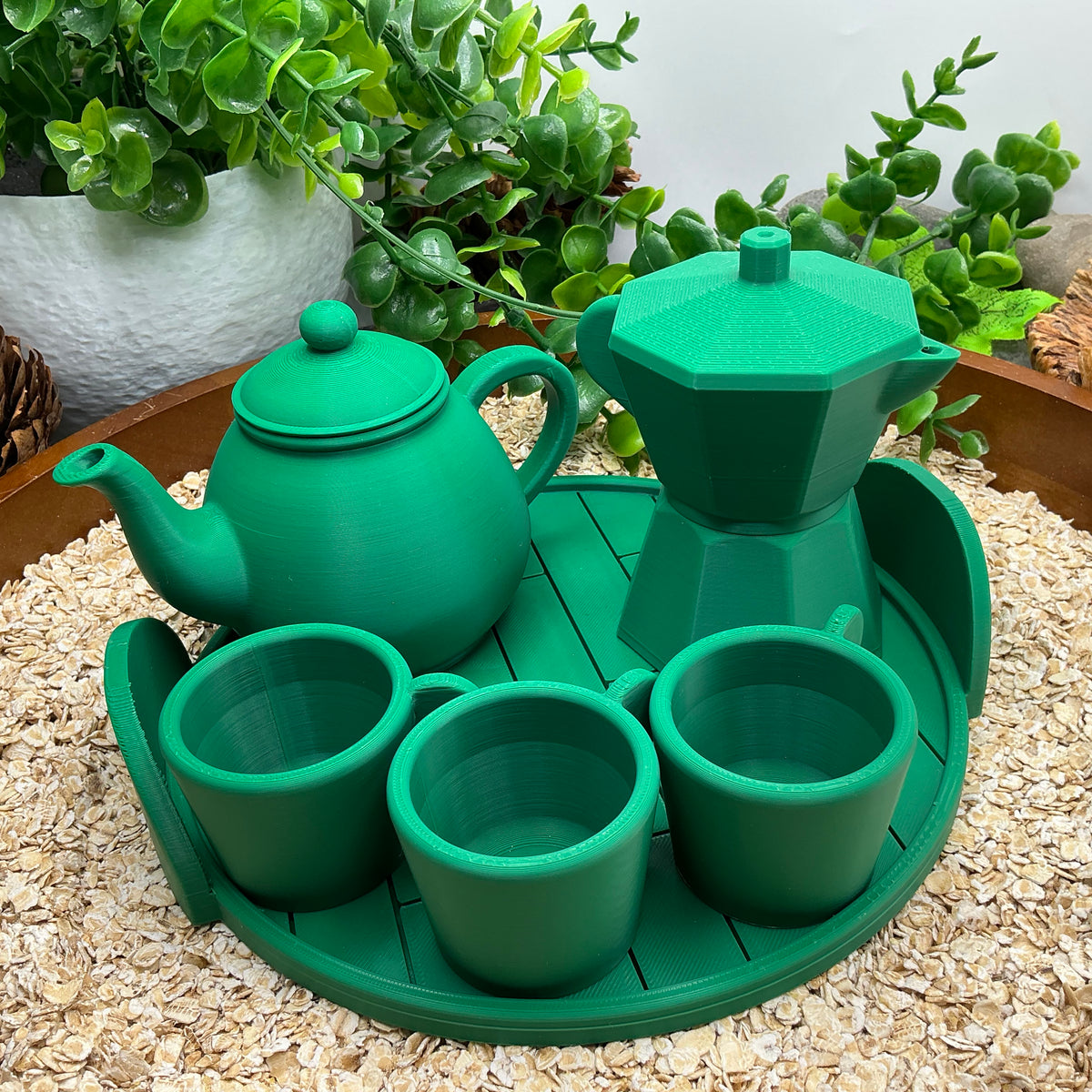Tea & Coffee Maker Set 6 Piece Set - 3D Printed Teapot , Coffee Pot , Cups & Tray Kitchen Role Play Toy, Eco-Friendly