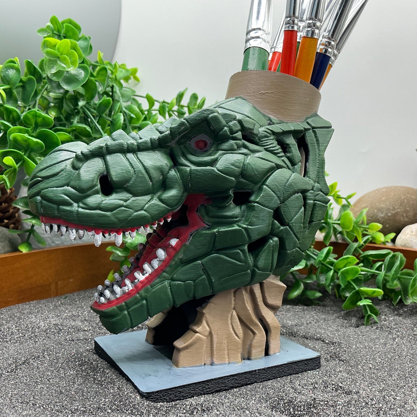 Dinosaur T Rex Pencil & Paintbrushes Pot Holder Hand Painted