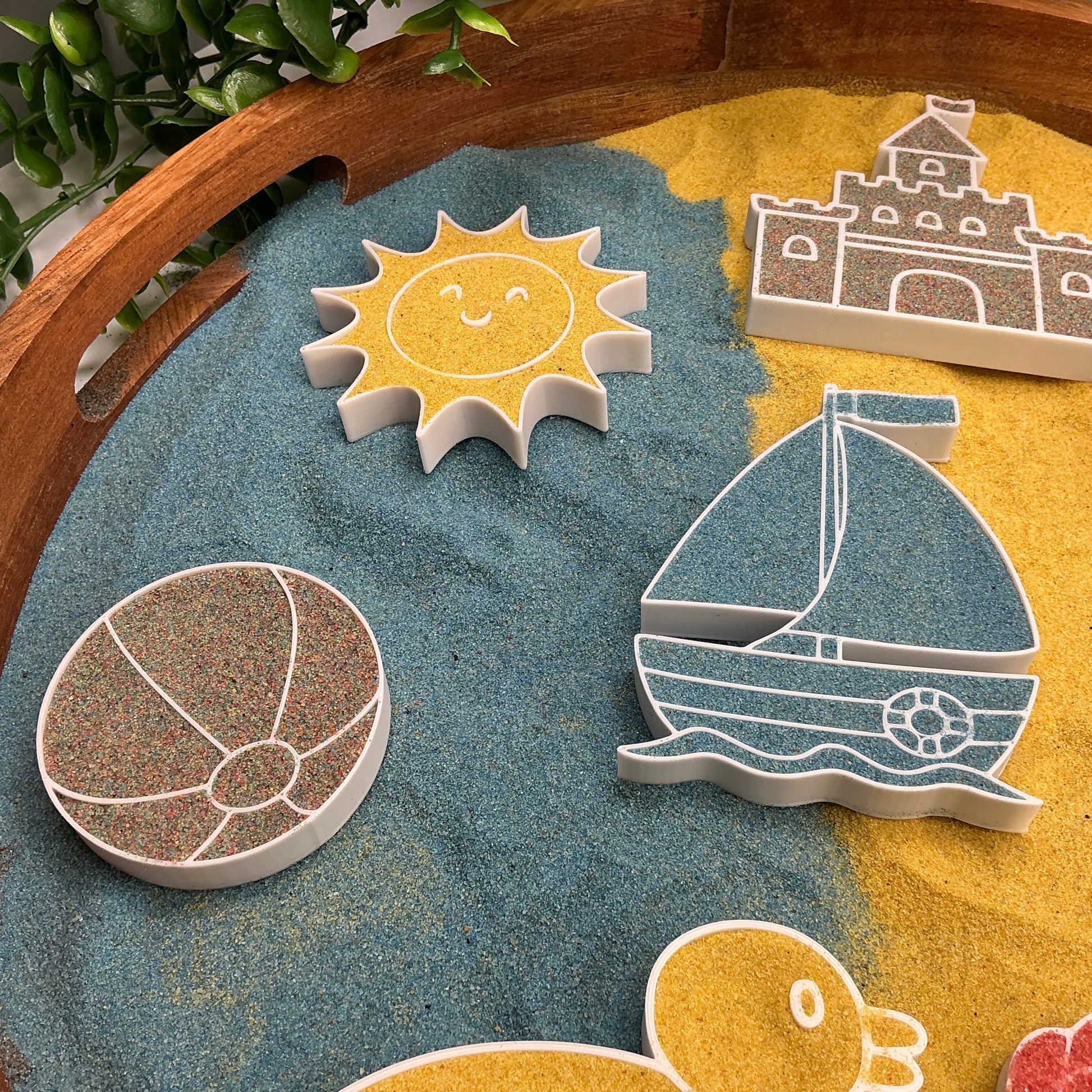 3D-printed beach holiday sensory filling tray, 8-piece set with sun, sandcastle, boat, duck, shells, ball, bucket and spade - view 5 of 12