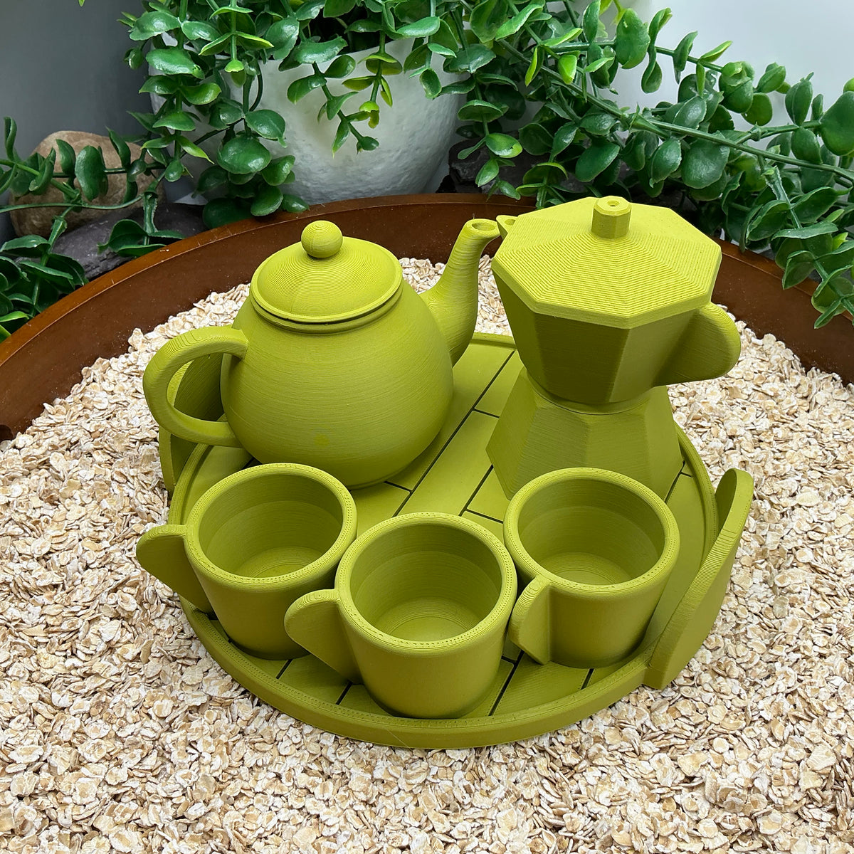 Tea & Coffee Maker Set 6 Piece Set - 3D Printed Teapot , Coffee Pot , Cups & Tray Kitchen Role Play Toy, Eco-Friendly