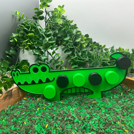3D-printed crocodile thread peg board sensory toy with screw-on nuts - fine motor and pre-writing skill builder - view 1 of 5