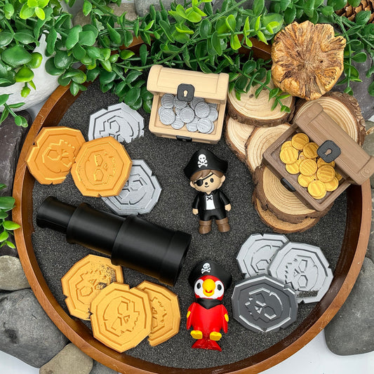 Pirate,Treasure Chest, Parrot & Treasure Coins 6 piece set
