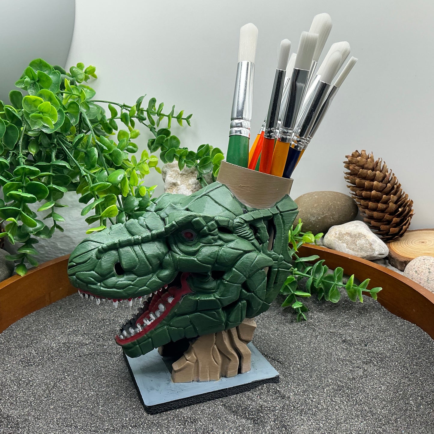 Dinosaur T Rex Pencil & Paintbrushes Pot Holder Hand Painted