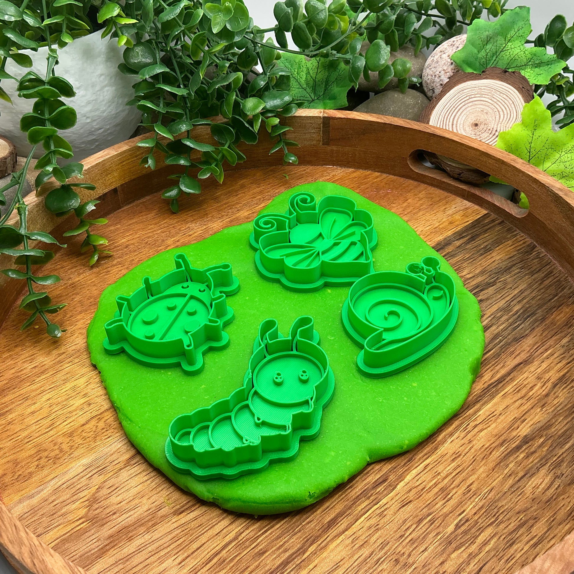 3D-printed garden spring insects play dough cookie cutter set - 4 piece with caterpillar, bee, ladybug and snail - view 15 of 15