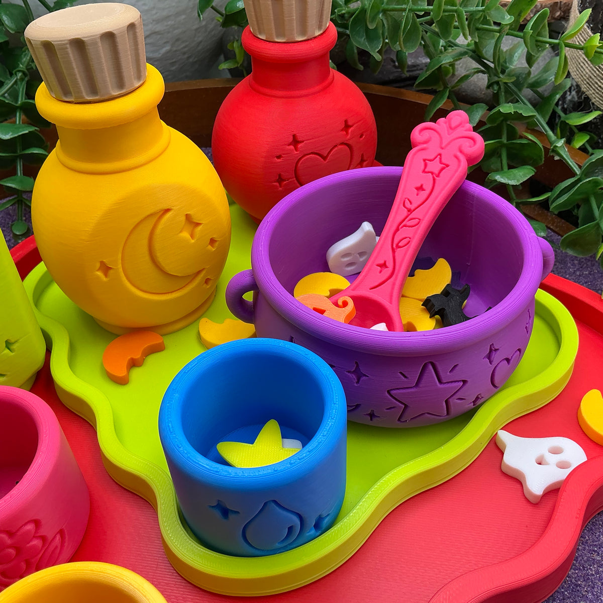 Potion Play Set - 14 Piece Sensory Play Kit with Potion Bottles, Cups, Mixing Bowl, Mini Fire Pit & Trays