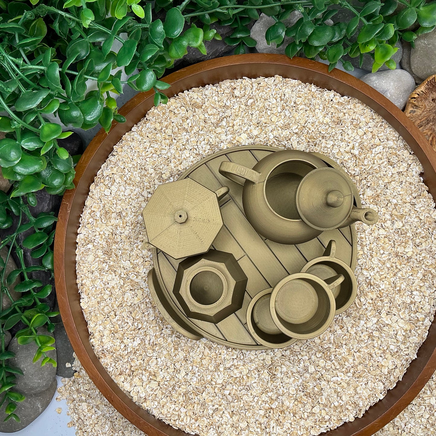 Tea & Coffee Maker Set 6 Piece Set - 3D Printed Teapot , Coffee Pot , Cups & Tray Kitchen Role Play Toy, Eco-Friendly