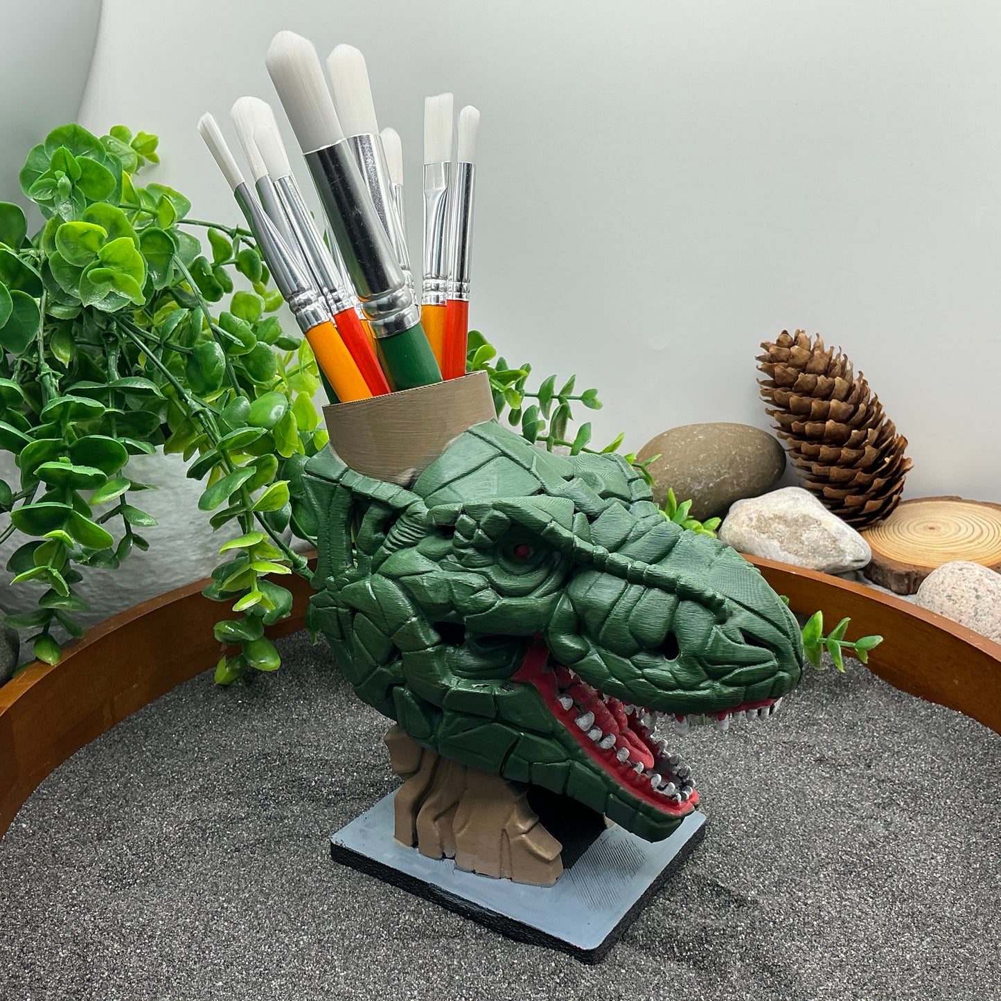 Dinosaur T Rex Pencil & Paintbrushes Pot Holder Hand Painted