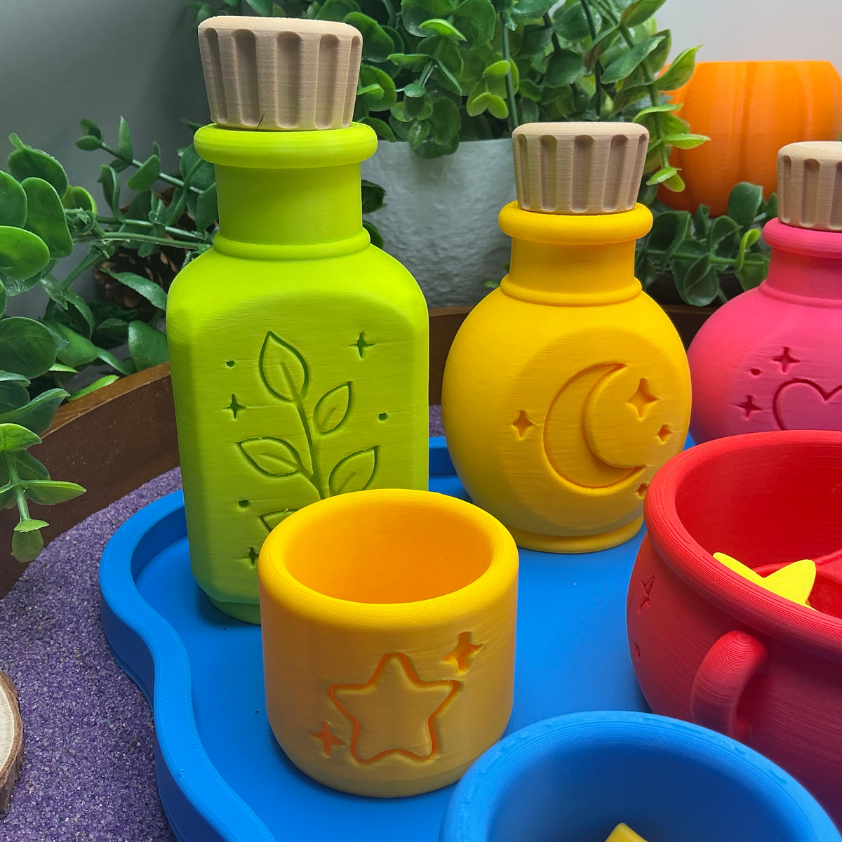 Potion Play Set - 14 Piece Sensory Play Kit with Potion Bottles, Cups, Mixing Bowl, Mini Fire Pit & Trays