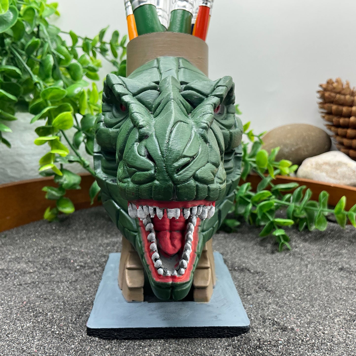 Dinosaur T Rex Pencil & Paintbrushes Pot Holder Hand Painted