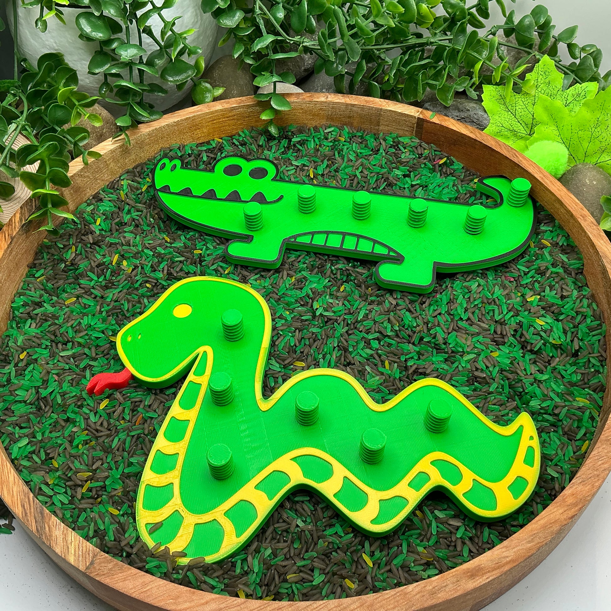 3D-printed animal thread peg board sensory set with screw-on nuts - 6 piece safari set including zebra, panda, lion, crocodile, giraffe and snake - view 23 of 25