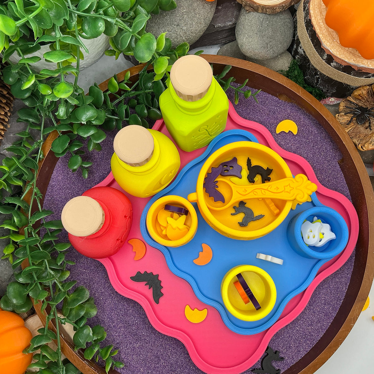 Potion Play Set - 14 Piece Sensory Play Kit with Potion Bottles, Cups, Mixing Bowl, Mini Fire Pit & Trays