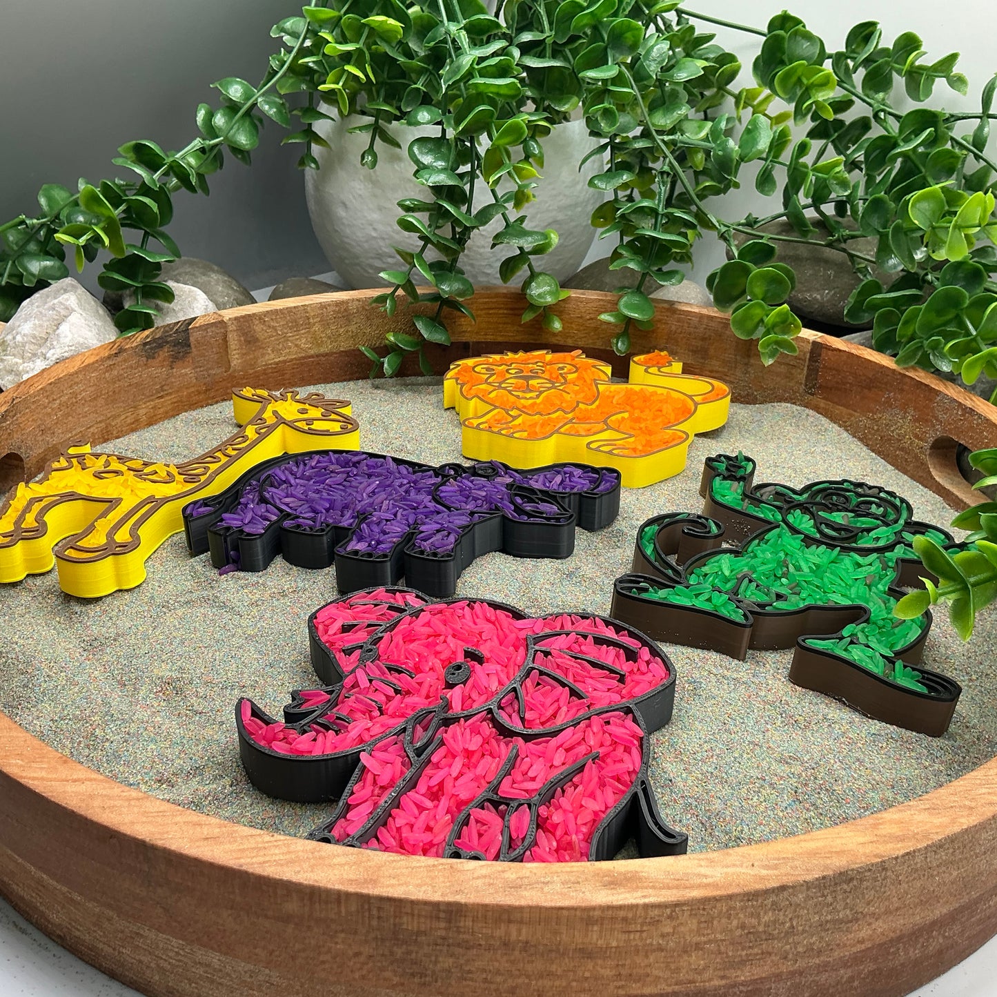 Safari animals Fill Shapes Sensory Filling Trays 5 piece set elephant hippo lion monkey and giraffe