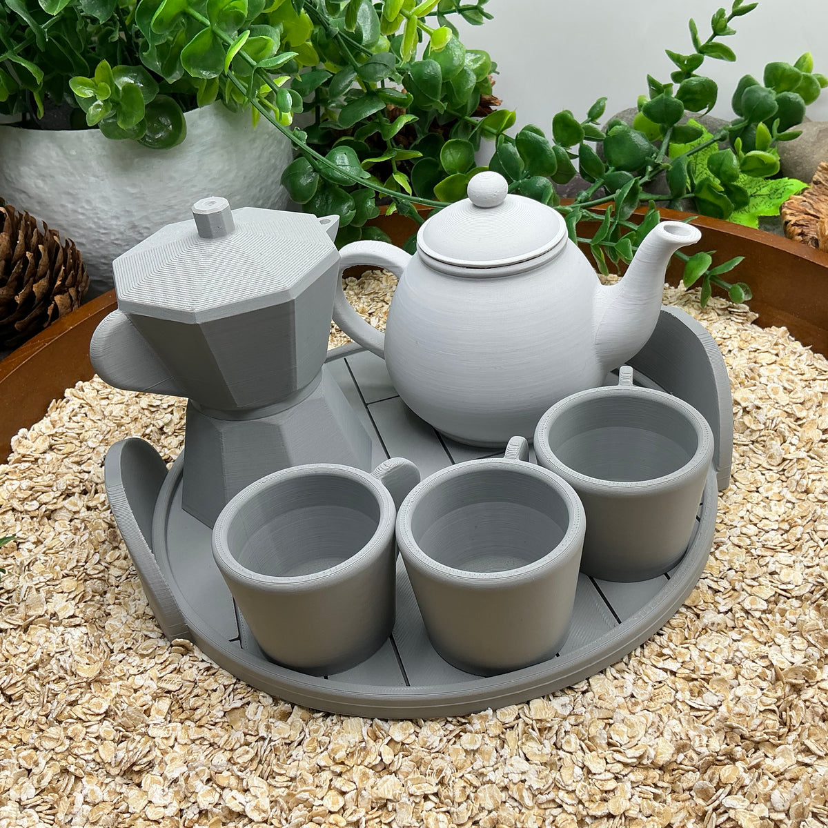 Tea & Coffee Maker Set 6 Piece Set - 3D Printed Teapot , Coffee Pot , Cups & Tray Kitchen Role Play Toy, Eco-Friendly