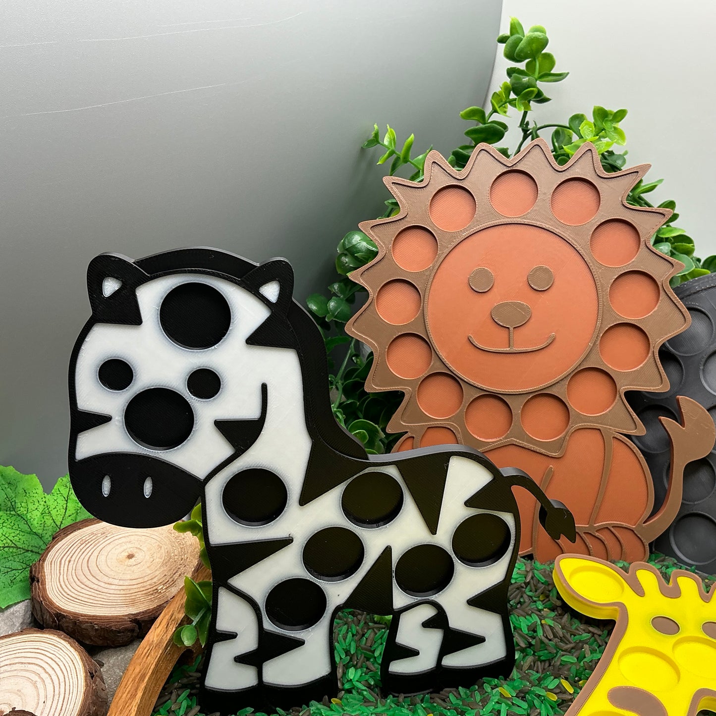 3D-printed animal shape board sensory set, 5 pieces - parrot, zebra, elephant, lion and giraffe for pom-pom play - view 2 of 21