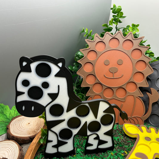 3D-printed animal shape board sensory set, 5 pieces - parrot, zebra, elephant, lion and giraffe for pom-pom play - view 2 of 21