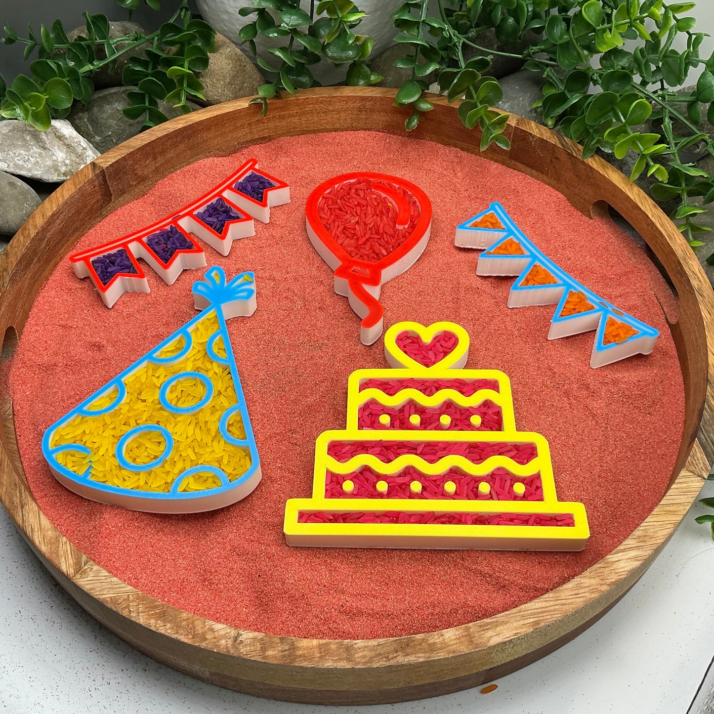 3D-printed birthday play sensory filling tray, 5-piece set with cake, balloon, banner and party hat - view 8 of 12