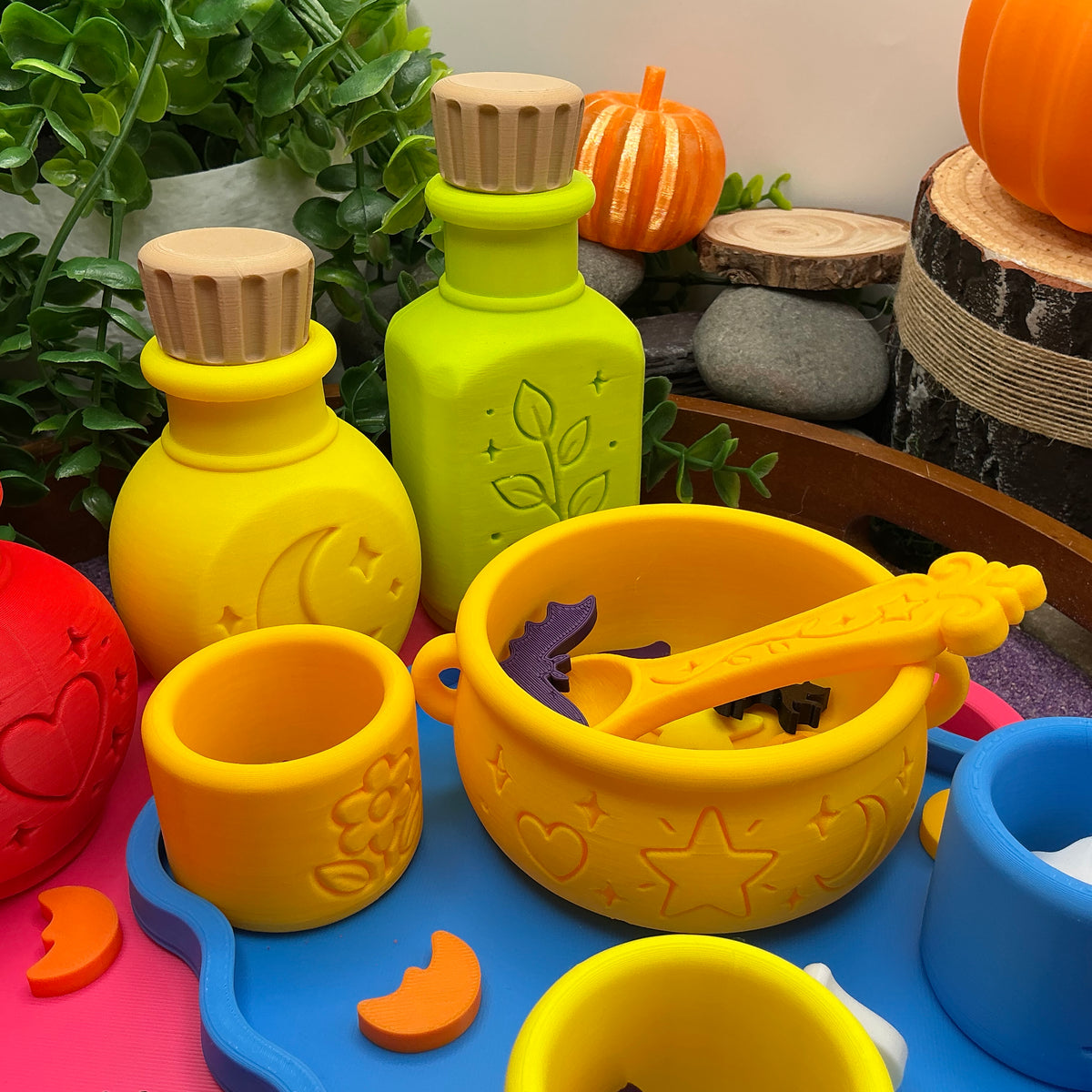 Potion Play Set - 14 Piece Sensory Play Kit with Potion Bottles, Cups, Mixing Bowl, Mini Fire Pit & Trays