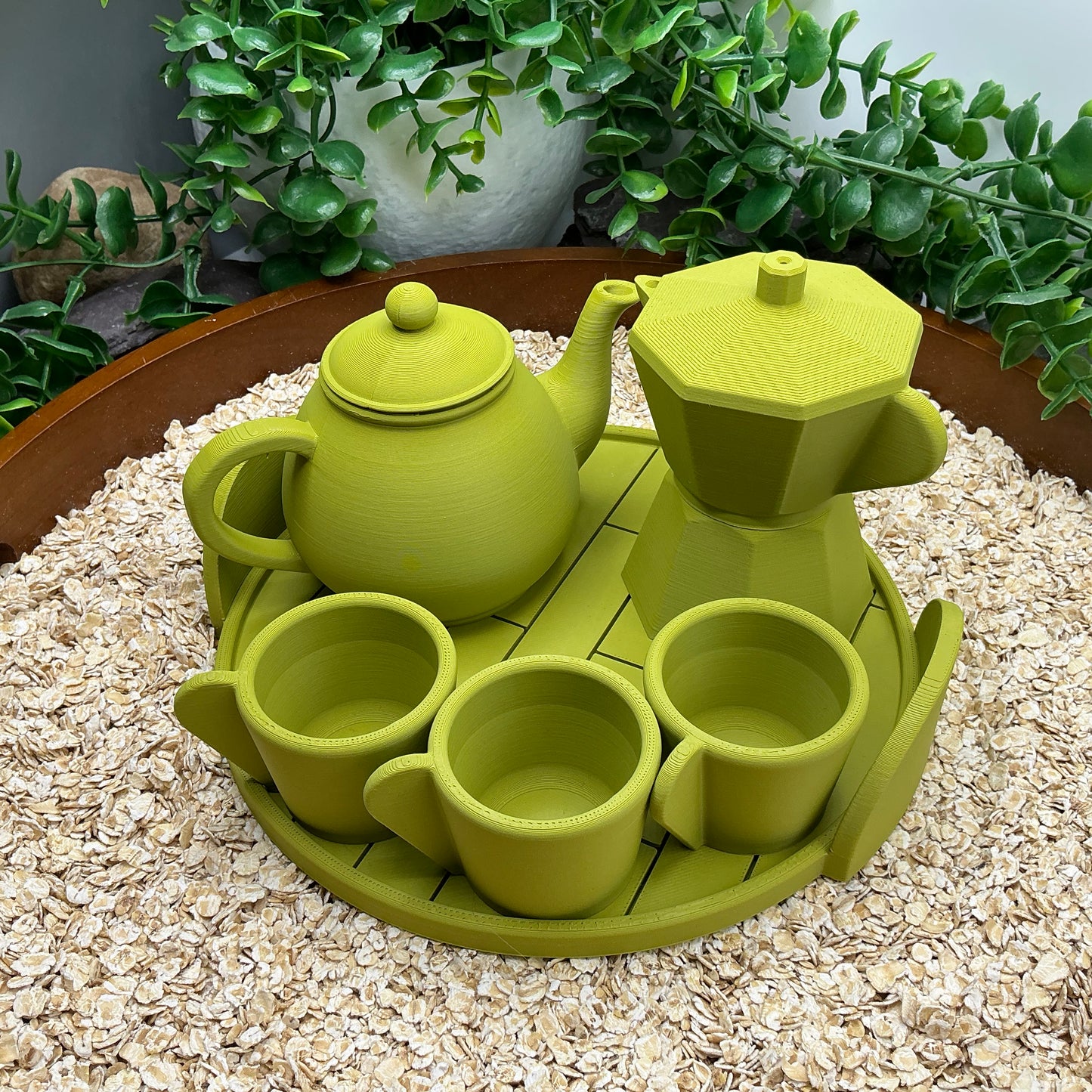Tea & Coffee Maker Set 6 Piece Set - 3D Printed Teapot , Coffee Pot , Cups & Tray Kitchen Role Play Toy, Eco-Friendly