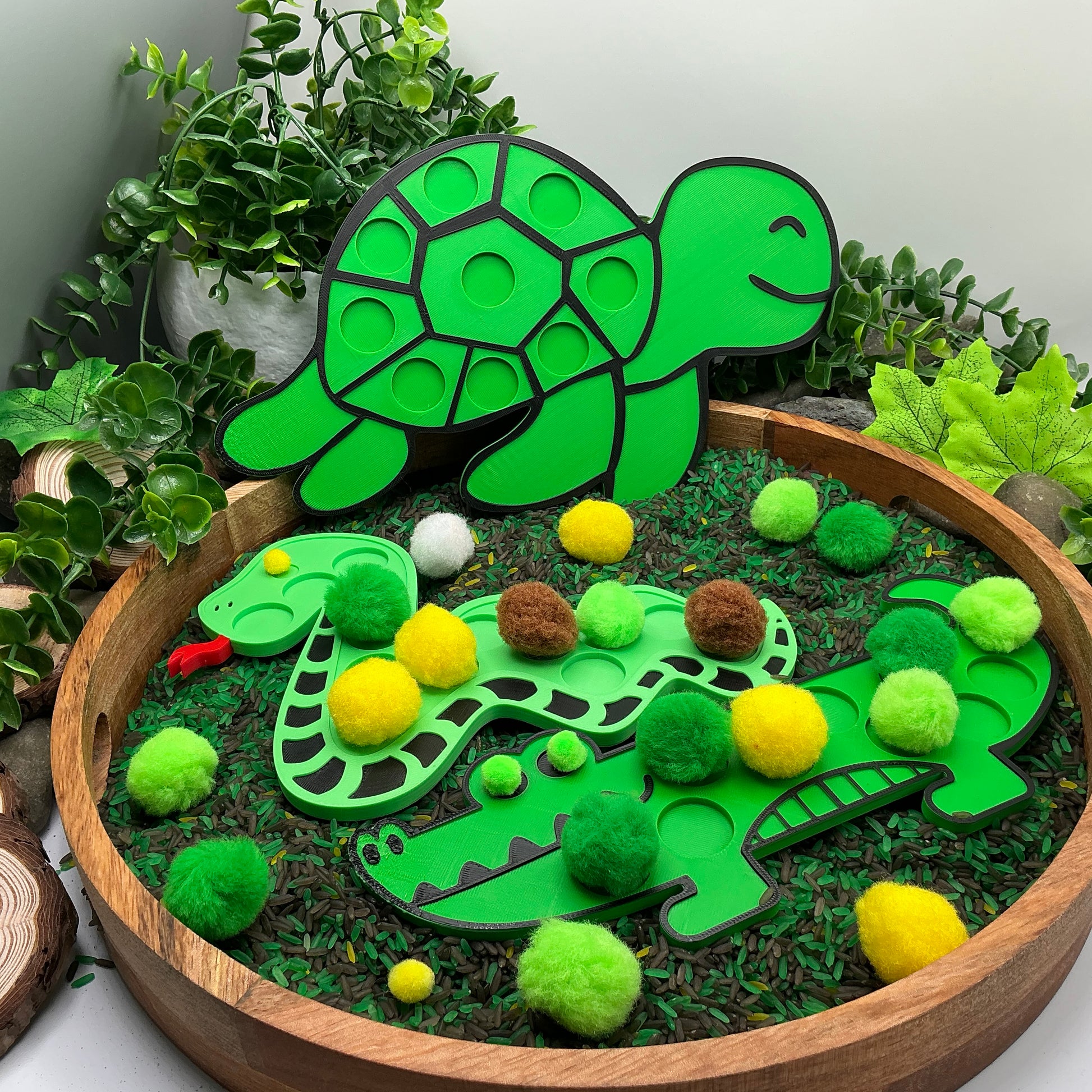 3D-printed animal shape board sensory set, 3 pieces - snake, crocodile and turtle for pom-pom play - view 6 of 13