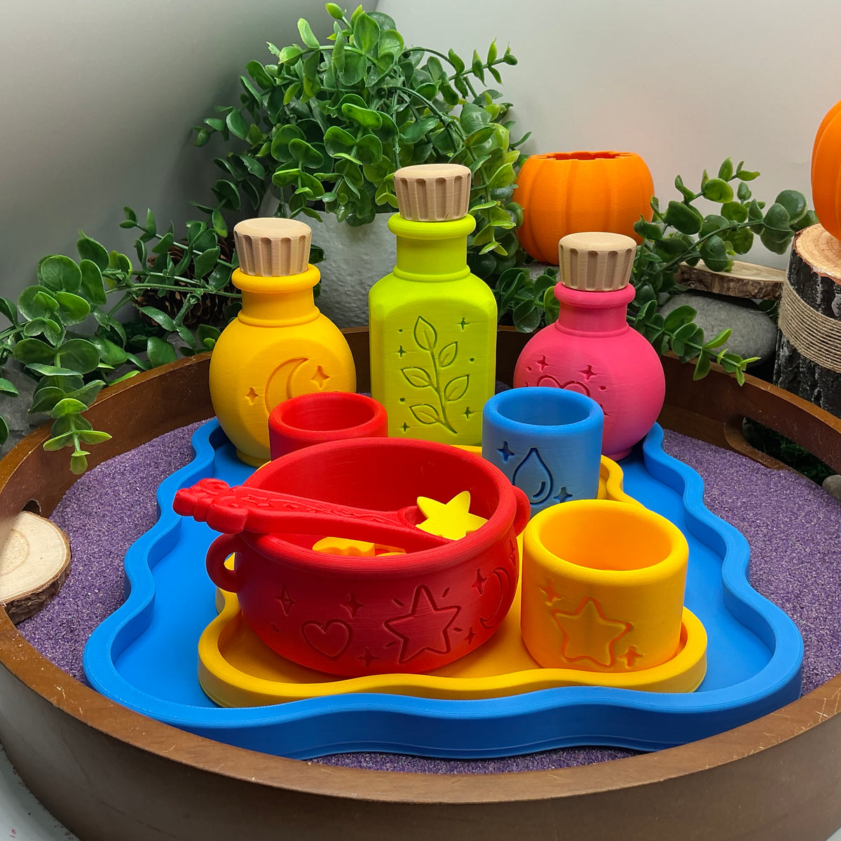 Potion Play Set - 14 Piece Sensory Play Kit with Potion Bottles, Cups, Mixing Bowl, Mini Fire Pit & Trays