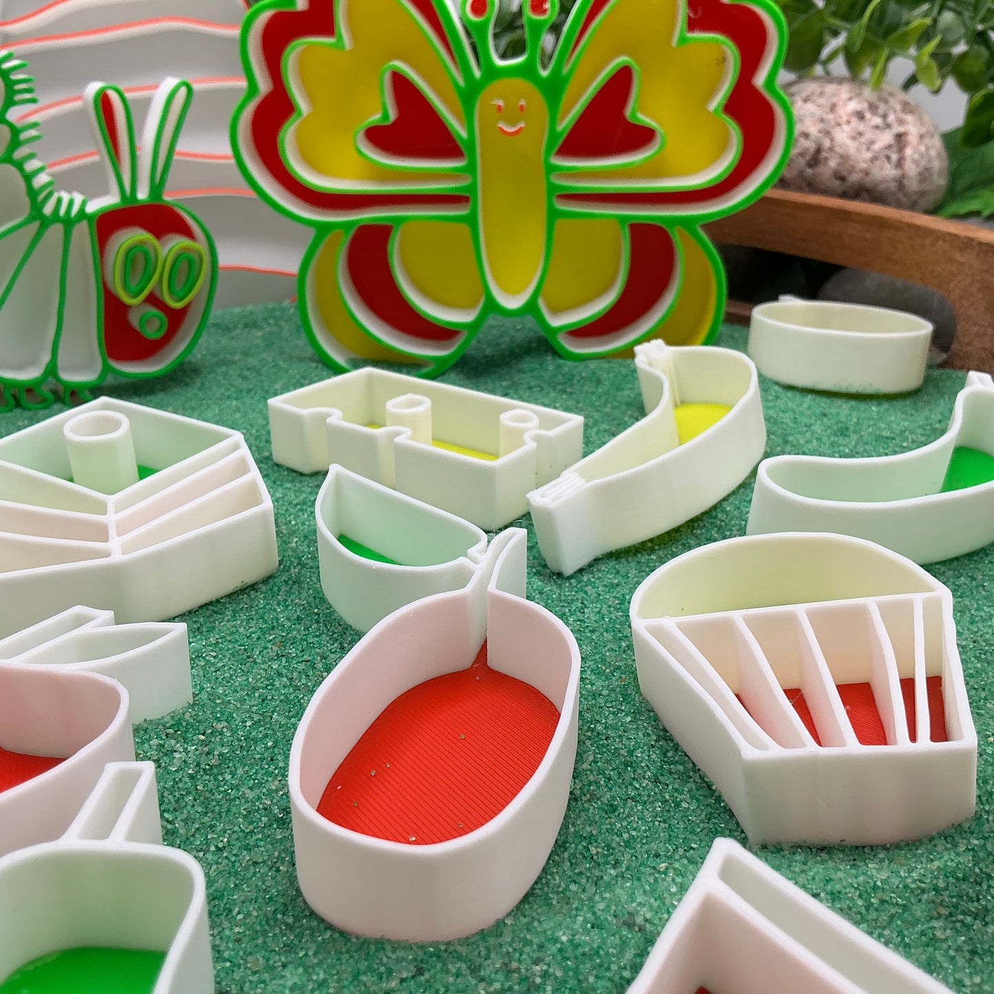 Caterpillar , Butterfly & cocoon 16 piece food set story book telling Sensory Filling Trays Set - Eco-Friendly 3D Printed 19 piece total