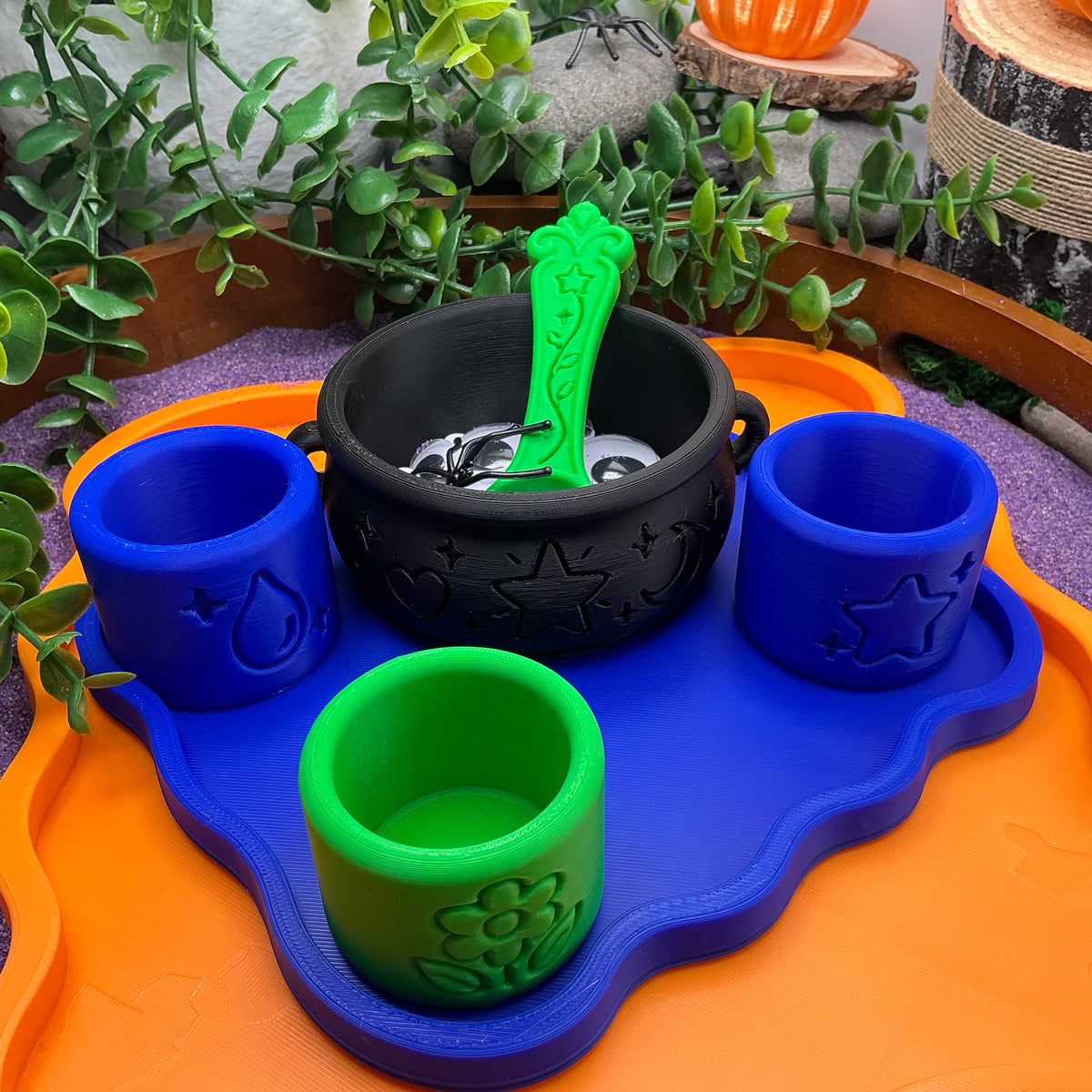 Halloween Special Potion Play Set - 14 Piece Sensory Play Kit with Potion Bottles, Cups, Mixing Bowl, Mini Fire Pit & Trays