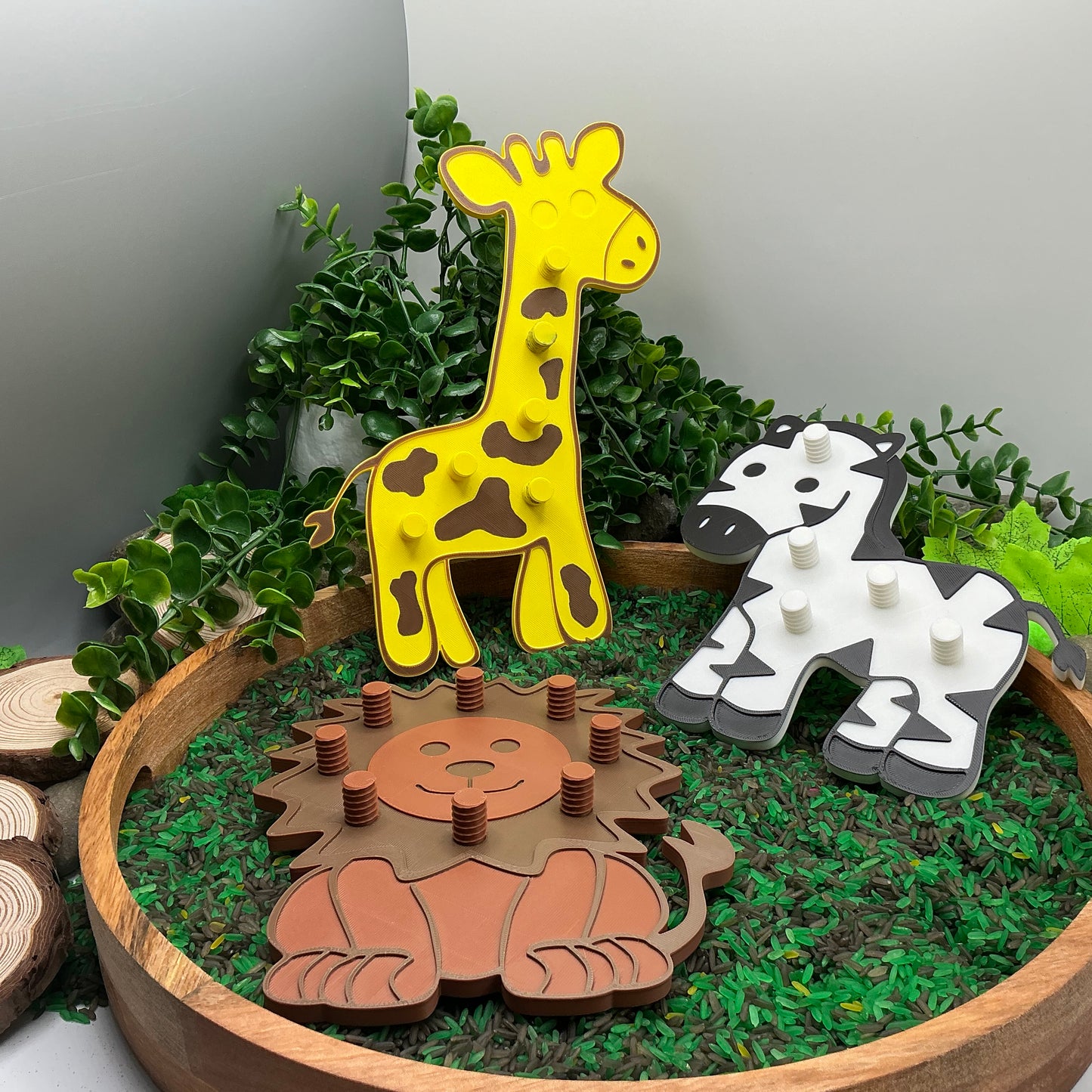 3D-printed animal thread peg board sensory set with screw-on nuts - 6 piece safari set including zebra, panda, lion, crocodile, giraffe and snake - view 24 of 25