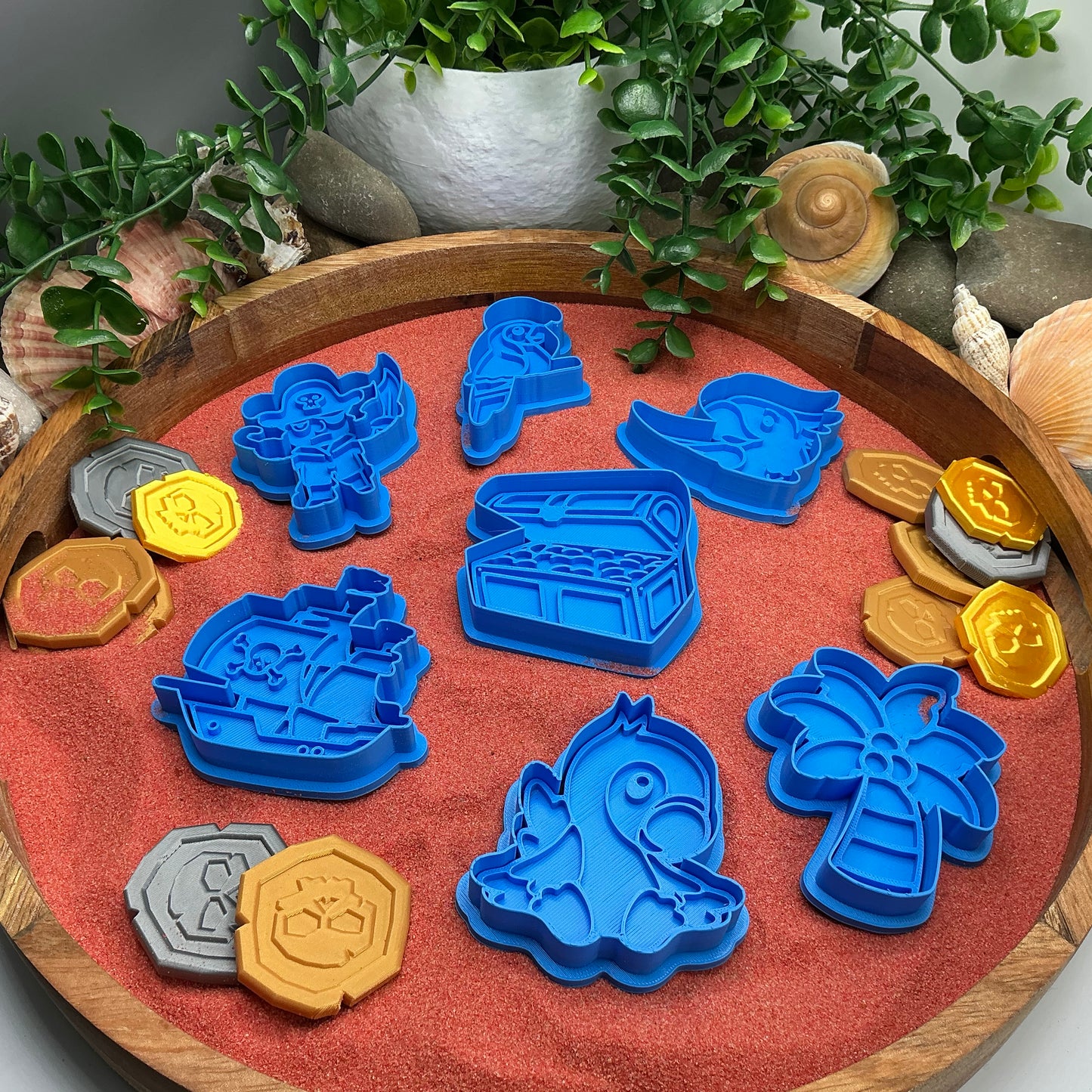3D-printed pirate play dough cookie cutter set - 7 piece with pirate, ship, treasure chest, parrots and palm tree - view 1 of 13