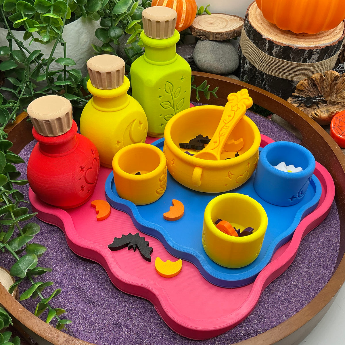Potion Play Set - 14 Piece Sensory Play Kit with Potion Bottles, Cups, Mixing Bowl, Mini Fire Pit & Trays