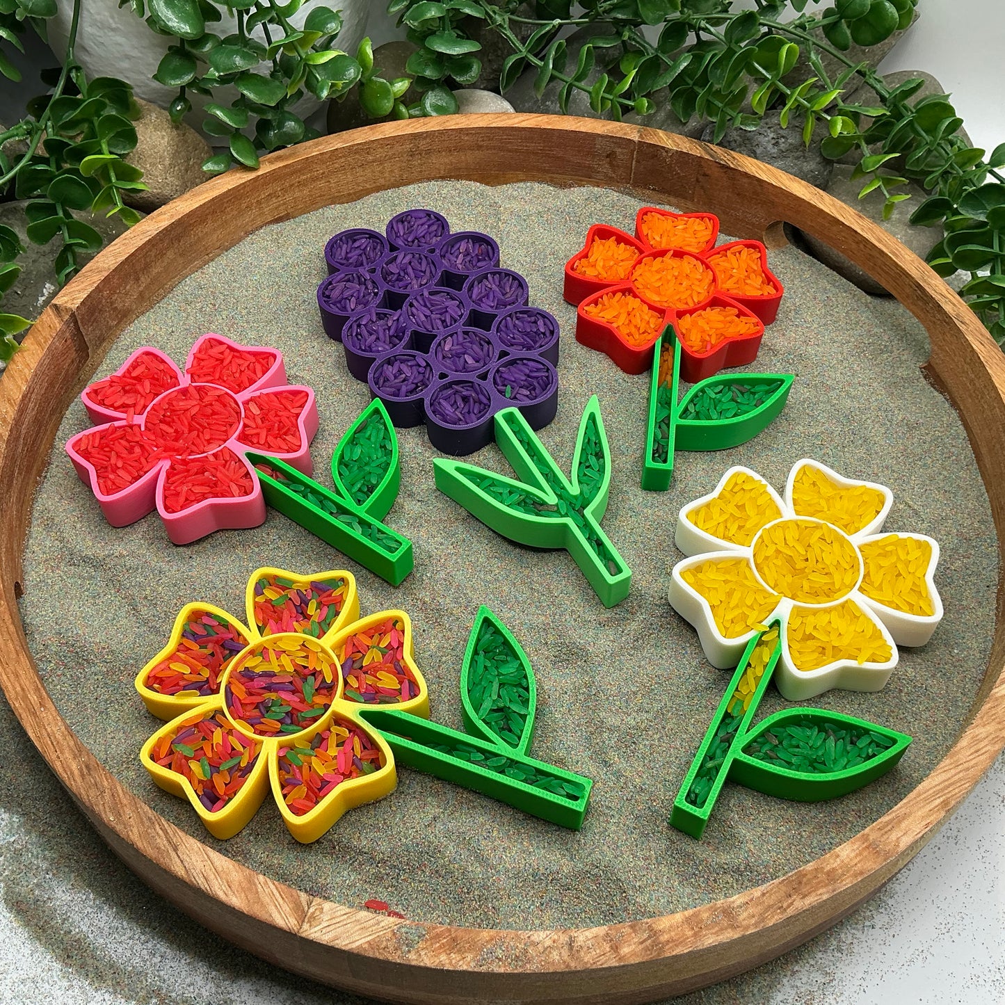 3D-printed flower fill shapes sensory filling tray, 5-piece spring set for sand and rice tuff trays - view 7 of 15
