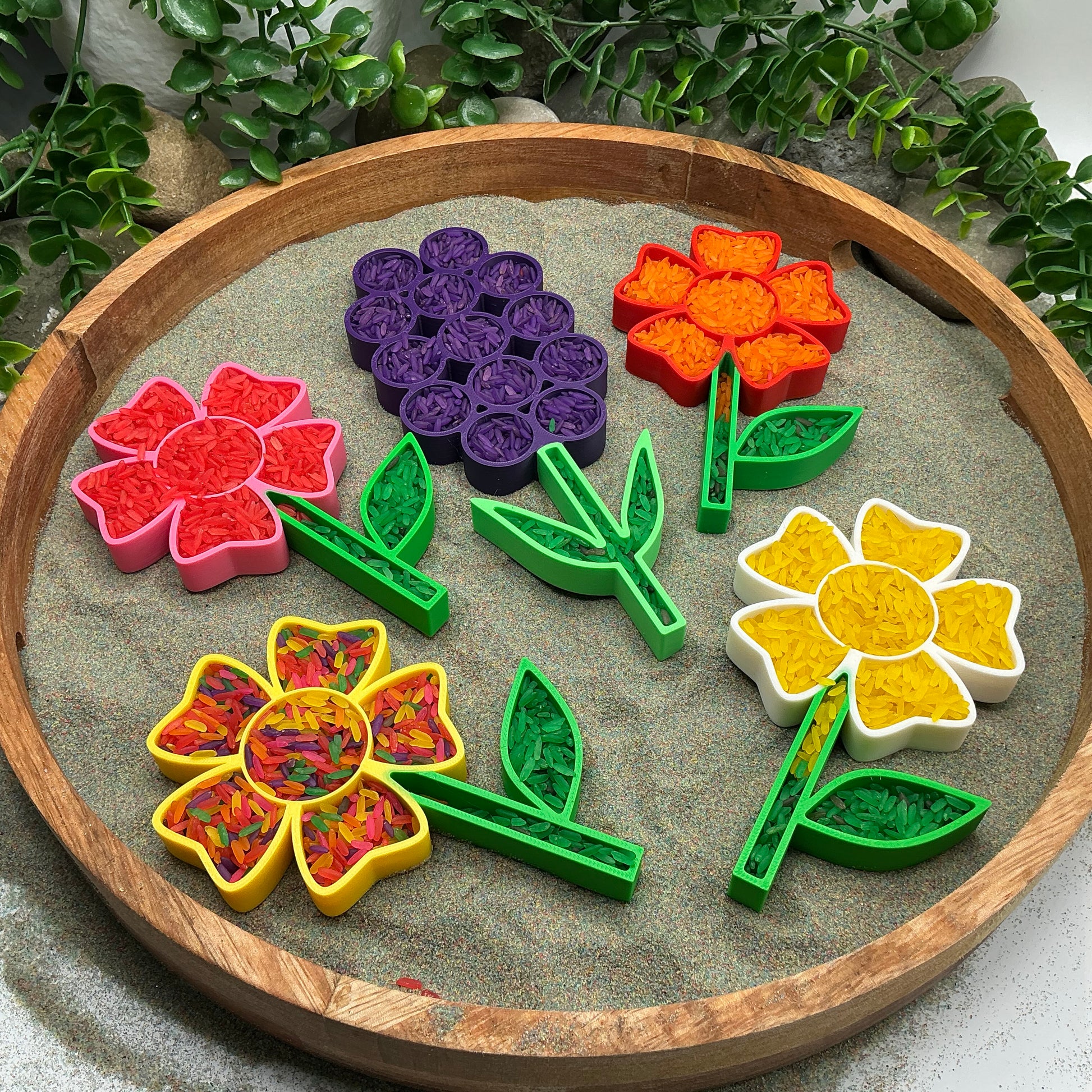 3D-printed flower fill shapes sensory filling tray, 5-piece spring set for sand and rice tuff trays - view 7 of 15