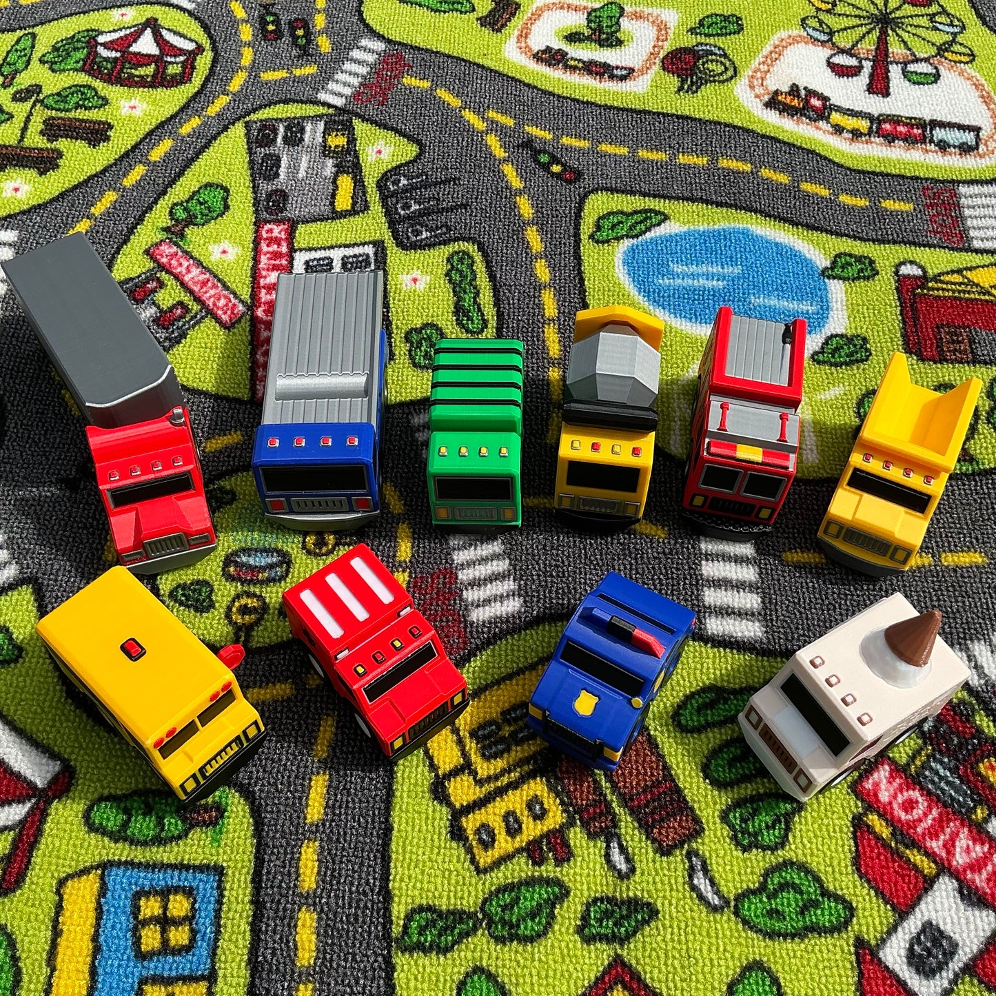10 piece set Transportation vehicle set multi coloured 3D Printed Vehicle’s Fire Engine, School bus,Police Car