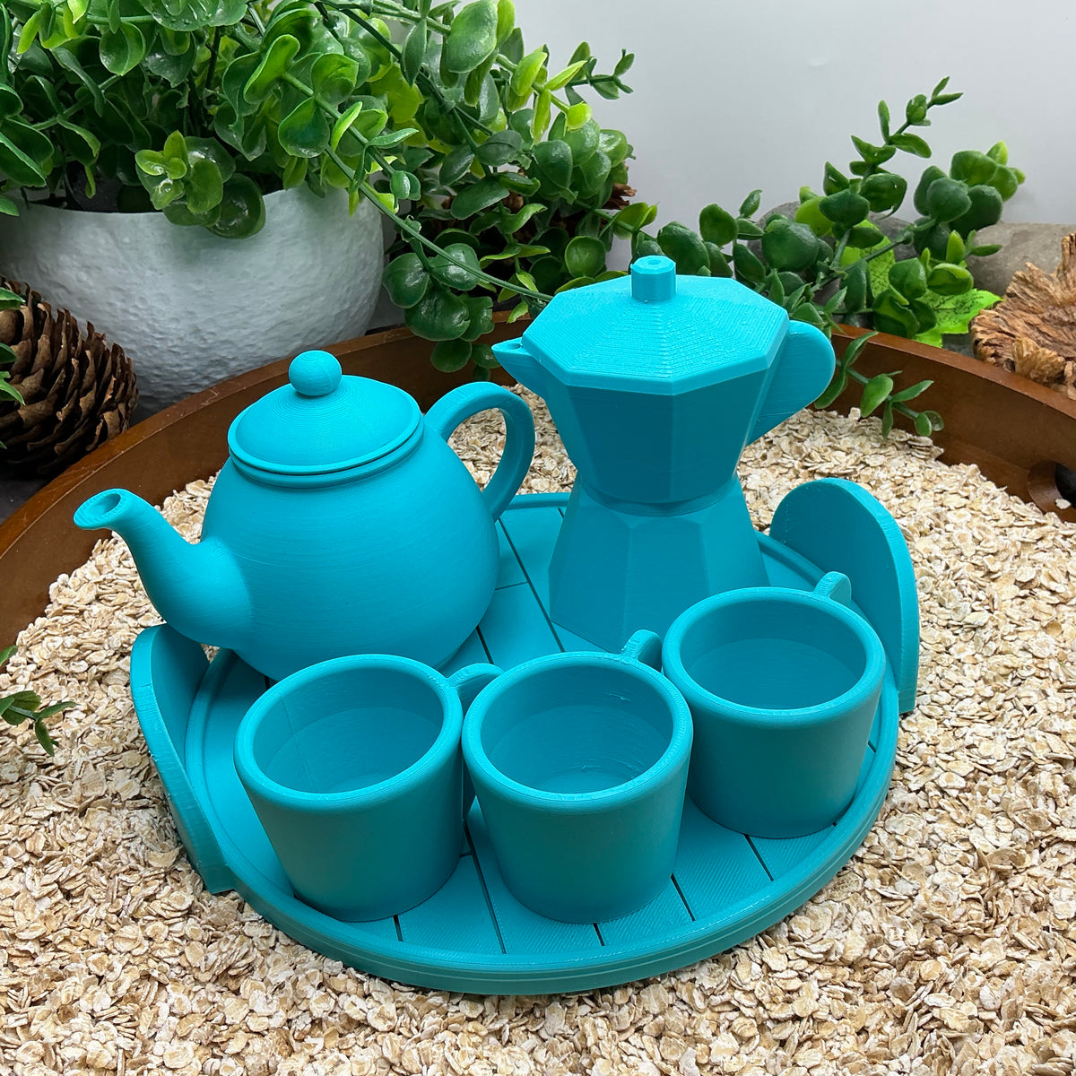 Tea & Coffee Maker Set 6 Piece Set - 3D Printed Teapot , Coffee Pot , Cups & Tray Kitchen Role Play Toy, Eco-Friendly