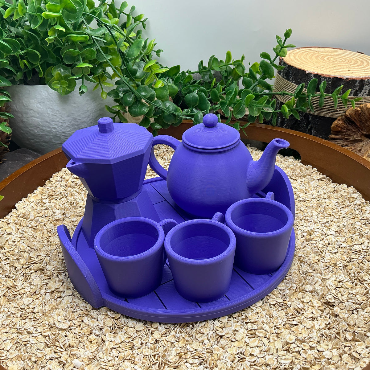 Tea & Coffee Maker Set 6 Piece Set - 3D Printed Teapot , Coffee Pot , Cups & Tray Kitchen Role Play Toy, Eco-Friendly