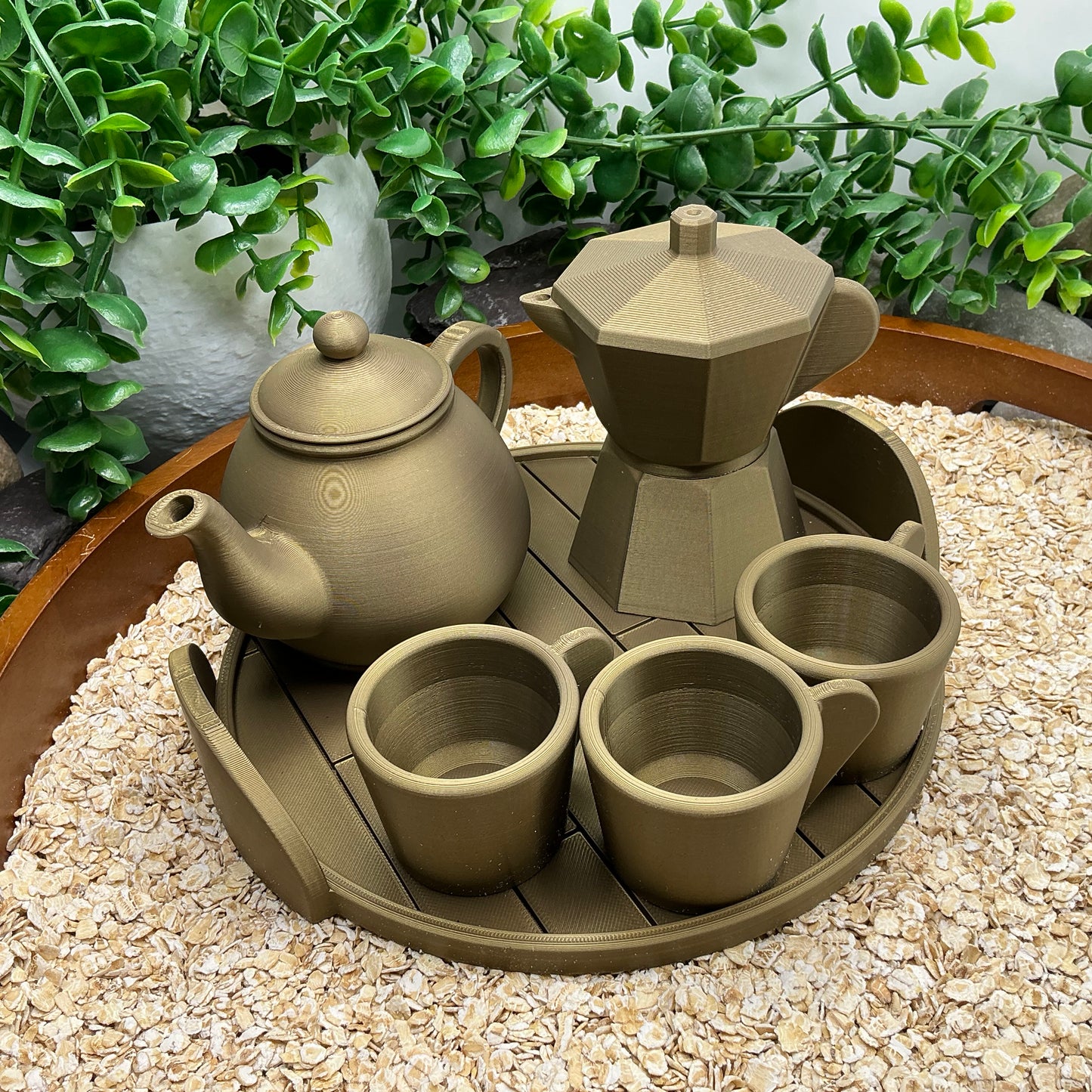 Tea & Coffee Maker Set 6 Piece Set - 3D Printed Teapot , Coffee Pot , Cups & Tray Kitchen Role Play Toy, Eco-Friendly