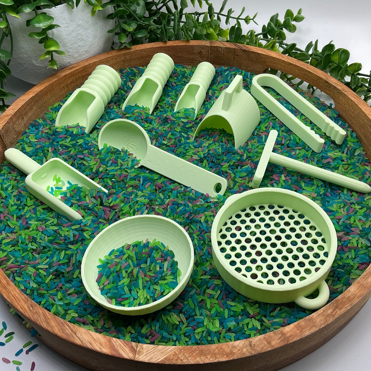 Sensory Play Tool Set - 9 Piece Set (Tweezers, Scoops, Sieve & Rake)