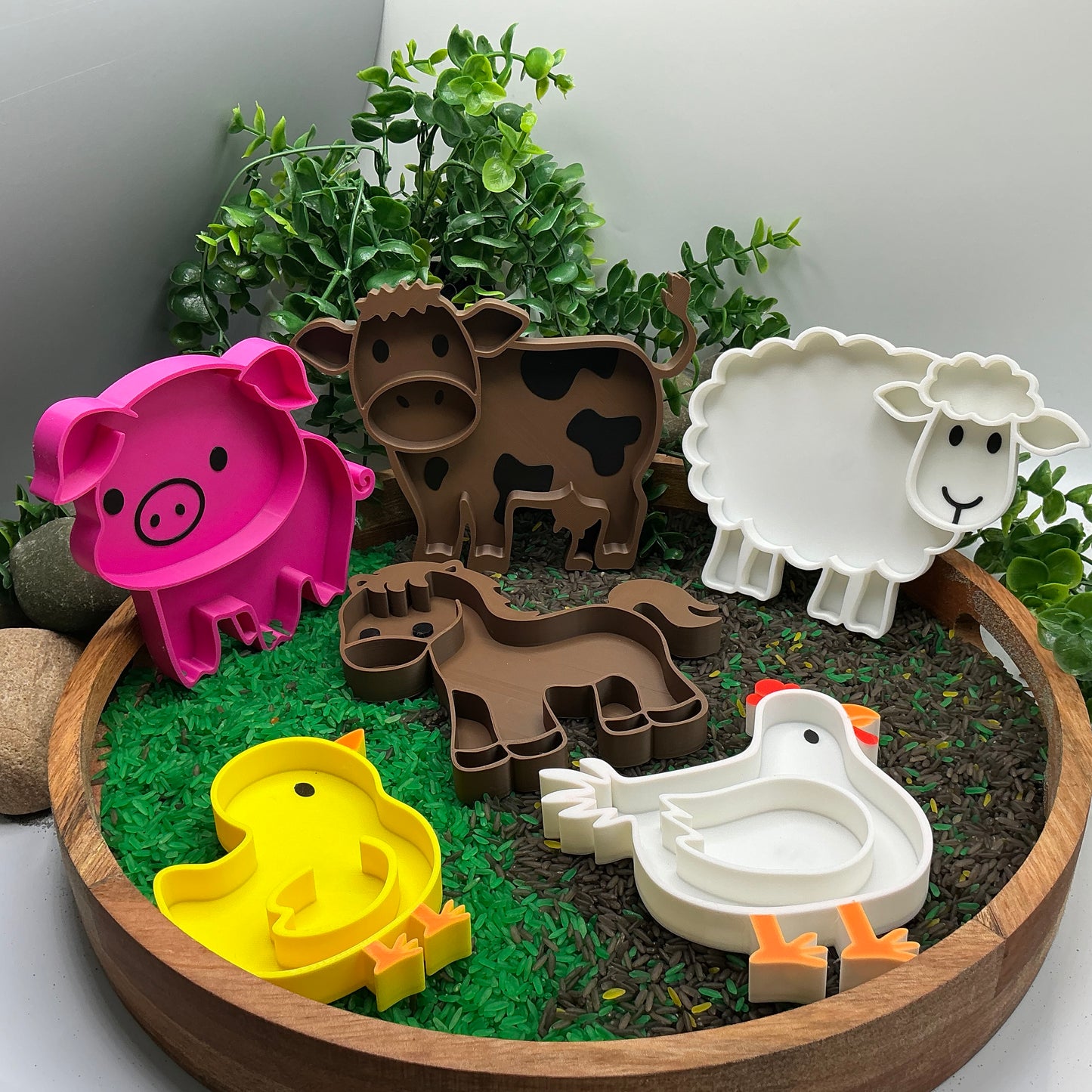 3D-printed farm animals sensory filling tray 6-piece set - pig, sheep, chick, chicken, cow and horse - view 1 of 15