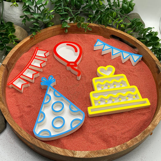 3D-printed birthday play sensory filling tray, 5-piece set with cake, balloon, banner and party hat - view 1 of 12