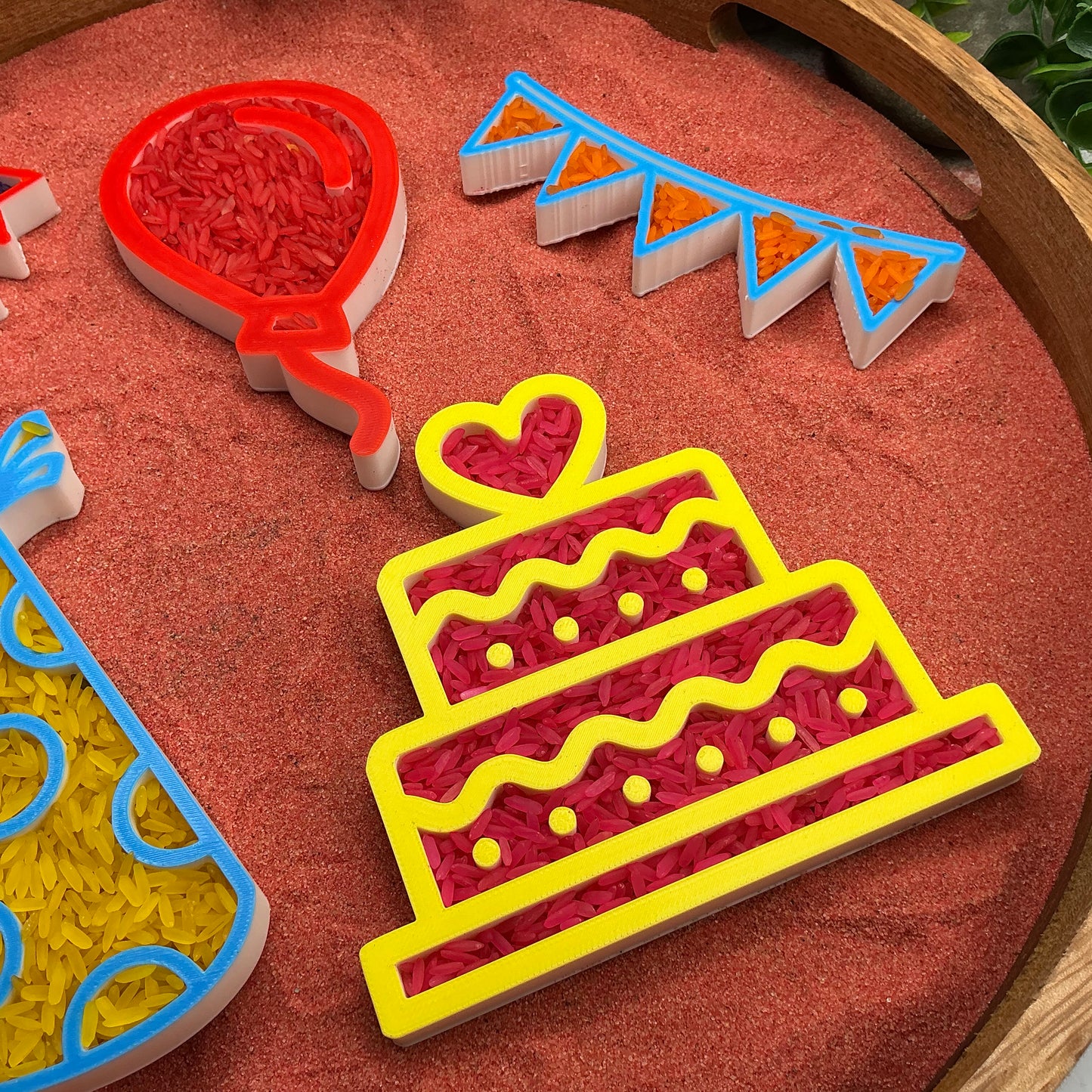 3D-printed birthday play sensory filling tray, 5-piece set with cake, balloon, banner and party hat - view 11 of 12