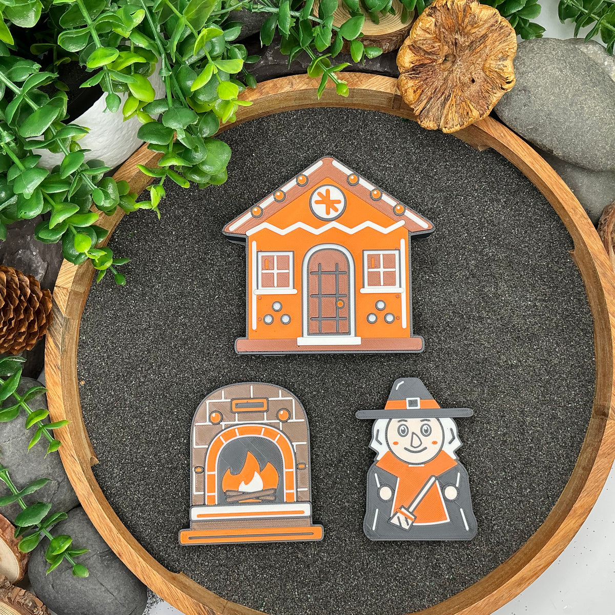 Large gingerbread cottage, storybook oven and witch viewed from above