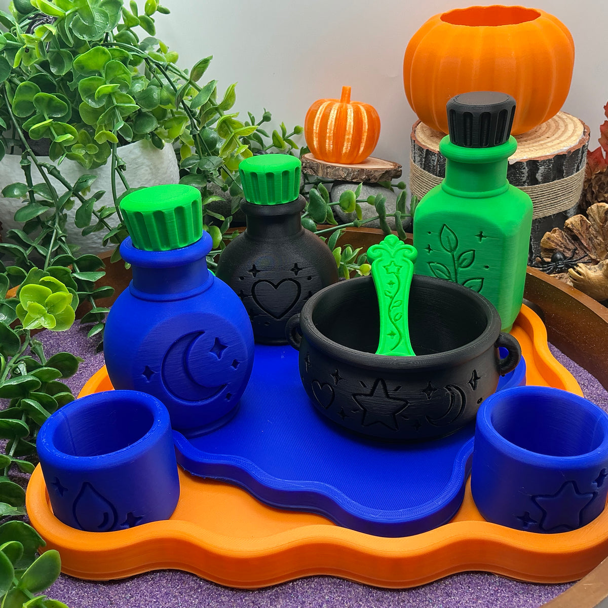 Halloween Special Potion Play Set - 14 Piece Sensory Play Kit with Potion Bottles, Cups, Mixing Bowl, Mini Fire Pit & Trays